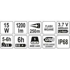 YATO Lanterna cu acumulator, Li-Ion 3.7 V, LED 15 ..