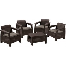 Set patru fotolii cu perne si masuta maro-taupe cald Corfu Quattro CURVER