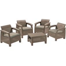 Set patru fotolii cu perne si masuta cappuccino-nisip Corfu Quattro CURVER
