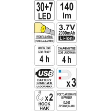 Yato Lampa cu 3 magneti 37 leduri 140 lm cu acumul..